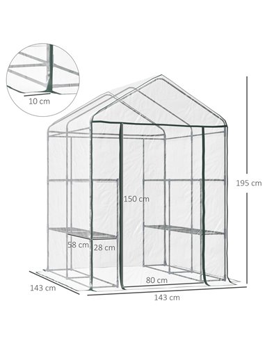 Outsunny 143 x 143 x 195 cm Walk-In Greenhouse 3 Tiers Portable Grow House w/ 8 Shelves, Metal Frame, PVC Film, Transparent 01-0