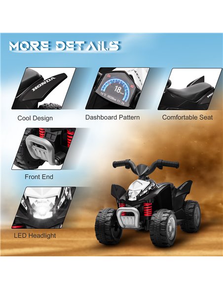 AIYAPLAY Honda Licensed Kids Quad Bike, 6V Electric Ride on Car ATV Toy with LED Light Horn for 1.5-3 Years, Black - pic 5326 | FastDaddyshop