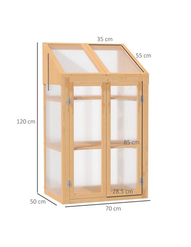 Outsunny Wooden Greenhouse, Cold Frame Grow House with Polycarbonate Semi Transparent Glazing, Openable Lid and Double Door, 70 