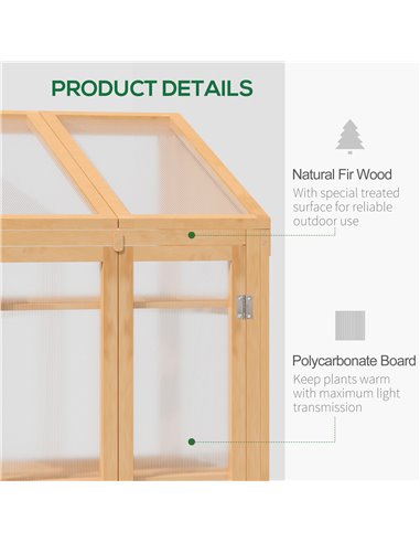 Outsunny Wooden Greenhouse, Cold Frame Grow House with Polycarbonate Semi Transparent Glazing, Openable Lid and Double Door, 70 