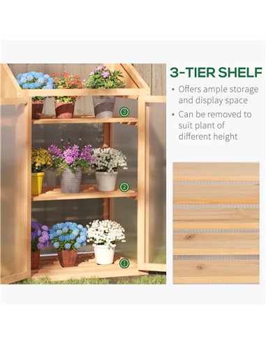 Outsunny Wooden Greenhouse, Cold Frame Grow House with Polycarbonate Semi Transparent Glazing, Openable Lid and Double Door, 70 