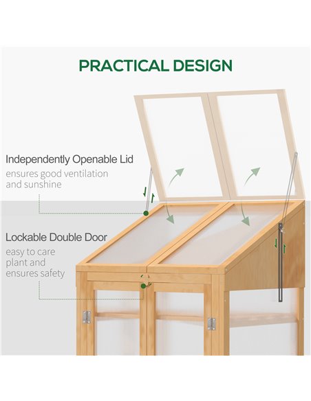 Outsunny Wooden Greenhouse, Cold Frame Grow House with Polycarbonate Semi Transparent Glazing, Openable Lid and Double Door, 70  - pic 53384 | FastDaddyshop