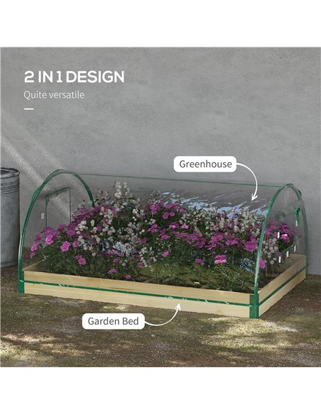 Outsunny Garden Raised Bed with Greenhouse, Wooden Planter Box with PVC Cover, Roll-Up Windows, for Vegetables, Plants, Natural  - pic 53445 | FastDaddyshop