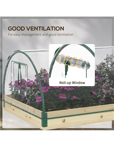 Outsunny Garden Raised Bed with Greenhouse, Wooden Planter Box with PVC Cover, Roll-Up Windows, for Vegetables, Plants, Natural 