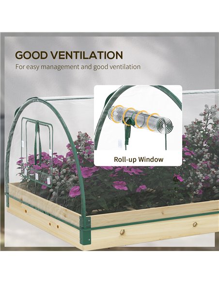 Outsunny Garden Raised Bed with Greenhouse, Wooden Planter Box with PVC Cover, Roll-Up Windows, for Vegetables, Plants, Natural  - pic 53446 | FastDaddyshop