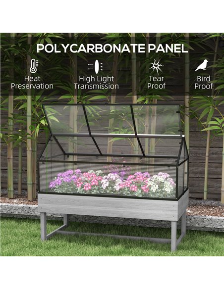 Outsunny Elevated Wood Planter with Mini Greenhouse Raised Garden Bed with PC Panel Top Vent 120 x 60 x 103cm Distressed Grey 84 - pic 53535 | FastDaddyshop