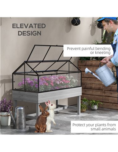 Outsunny Elevated Wood Planter with Mini Greenhouse Raised Garden Bed with PC Panel Top Vent 120 x 60 x 103cm Distressed Grey 84