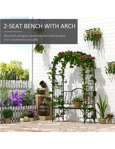 Outsunny Garden Metal Arch Bench Outdoor Patio Rose Trellis Arbour Pergola for Climbing Plant Antique Style 2-Seater Chair, Blac