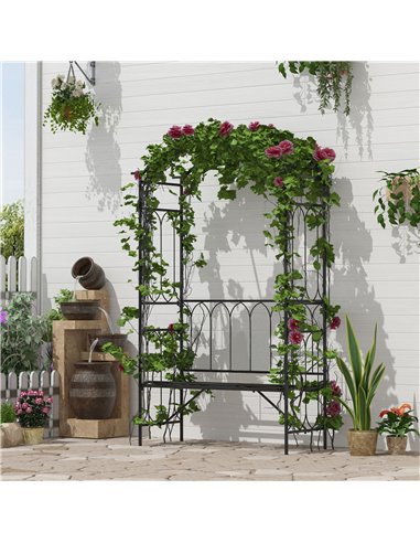 Outsunny Garden Metal Arch Bench Outdoor 2-Seater Chair, Patio Rose Trellis Arbour Pergola for Climbing Plant Vintage Classic Bl