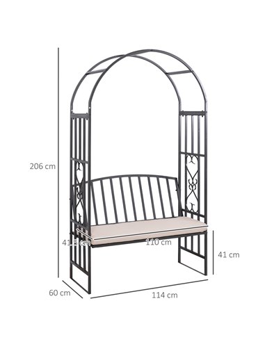 Outsunny Garden Metal Arch Bench, Outdoor Furniture Chair with Cushion Outdoor Patio Rose Trellis Arbour Pergola, for Climbing P