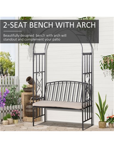 Outsunny Garden Metal Arch Bench, Outdoor Furniture Chair with Cushion Outdoor Patio Rose Trellis Arbour Pergola, for Climbing P