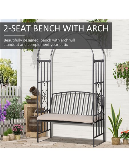 Outsunny Garden Metal Arch Bench, Outdoor Furniture Chair with Cushion Outdoor Patio Rose Trellis Arbour Pergola, for Climbing P - pic 53634 | FastDaddyshop