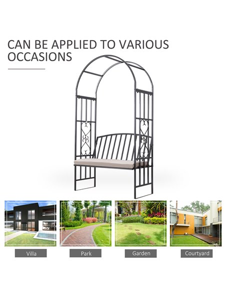 Outsunny Garden Metal Arch Bench, Outdoor Furniture Chair with Cushion Outdoor Patio Rose Trellis Arbour Pergola, for Climbing P - pic 53636 | FastDaddyshop