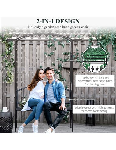 Outsunny Garden Metal Arch Arbour with Bench Love Seat Chair Outdoor Patio Rose Trellis Pergola Climbing Plant Archway Tubular- 
