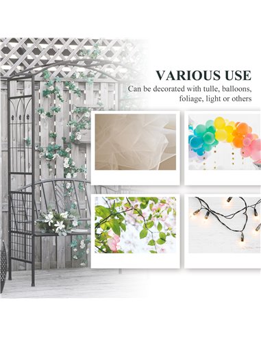 Outsunny Garden Metal Arch Arbour with Bench Love Seat Chair Outdoor Patio Rose Trellis Pergola Climbing Plant Archway Tubular -