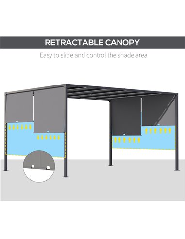 Outsunny 3m x 4m Metal Pergola with Retractable Roof, Outdoor Garden Pergola with LED Lights, Solar Powered, for BBQ,В Lawn,В Ba