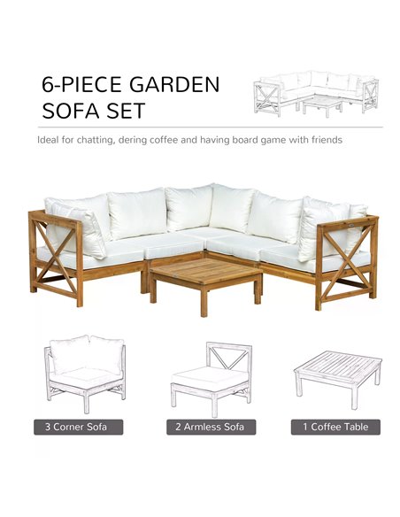 Outsunny 6pcs Patio Furniture Set Garden Sofa Set 1 Coffee Table Suitable with Cushions for Outdoor Indoor Balcony Poolside Acac - pic 53805 | FastDaddyshop