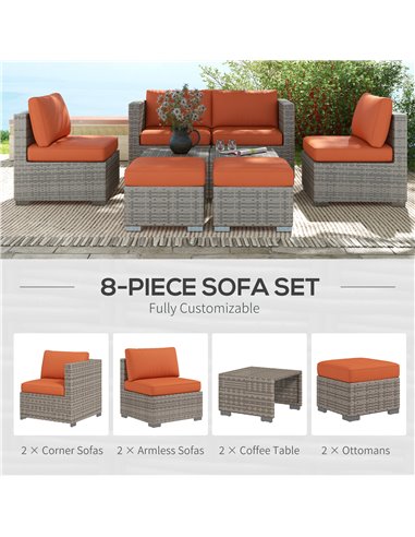 Outsunny 8 Piece Outdoor Patio Furniture Set, Rattan Sofa Set with Footstools and Coffee Tables 860-099V70OG