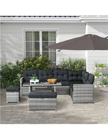 Outsunny 5-Piece Rattan Patio Furniture Set with Corner Sofa, Footstools, Glass Coffee Table, Cushions, Mixed Grey 860-333V70GG
