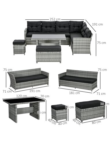 Outsunny 5-Piece Rattan Patio Furniture Set with Corner Sofa, Footstools, Glass Coffee Table, Cushions, Mixed Grey 860-333V70GG