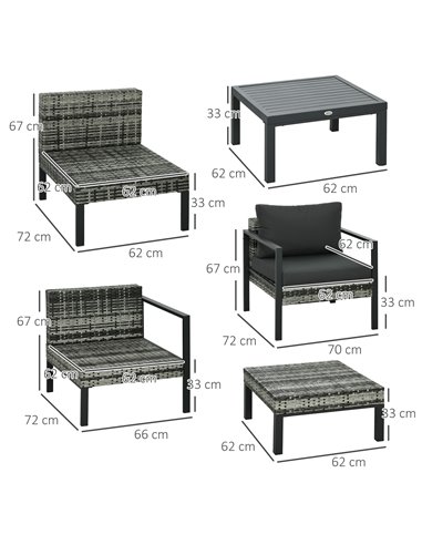 Outsunny 6 Pieces Patio Furniture Set with Sofa, Armchair, Stool, Metal Table, Cushions, for Outdoor, Charcoal Grey 860-332V70CG