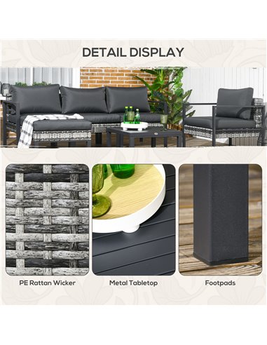 Outsunny 6 Pieces Patio Furniture Set with Sofa, Armchair, Stool, Metal Table, Cushions, for Outdoor, Charcoal Grey 860-332V70CG