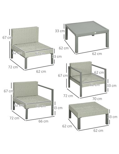 Outsunny 6 Pieces Patio Furniture Set with Sofa, Armchair, Stool, Metal Table, Cushions, for Outdoor, Light Grey 860-332V70LG