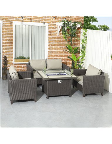 Outsunny 5-Piece Rattan Patio Furniture Set with Gas Fire Pit Table, Loveseat Sofa, Armchairs, Cushions, Pillows, Deep Brown 860