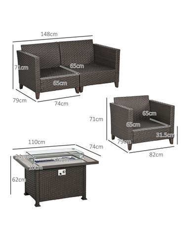 Outsunny 5-Piece Rattan Patio Furniture Set with Gas Fire Pit Table, Loveseat Sofa, Armchairs, Cushions, Pillows, Deep Brown 860