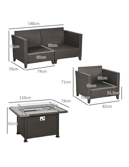 Outsunny 5-Piece Rattan Patio Furniture Set with Gas Fire Pit Table, Loveseat Sofa, Armchairs, Cushions, Pillows, Deep Brown 860 - pic 53876 | FastDaddyshop