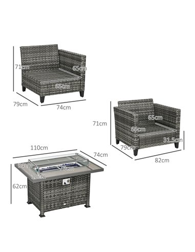 Outsunny 5-Piece Rattan Patio Furniture Set with Gas Fire Pit Table, Loveseat Sofa, Armchairs, Cushions, Pillows, Grey 860-335V7