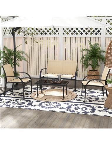 Outsunny 4 Pcs Curved Steel Outdoor Furniture Set w/ Loveseat, 2 Texteline Seats, Glass Top Table Garden Balcony Patio Furniture