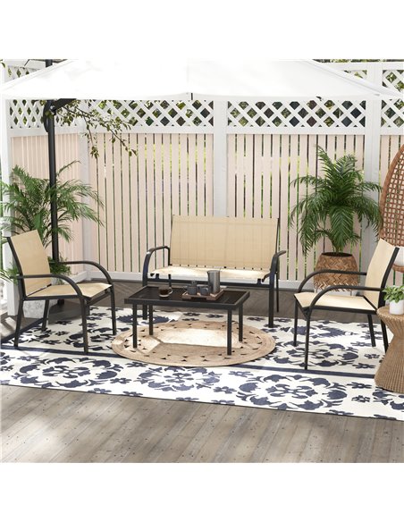 Outsunny 4 Pcs Curved Steel Outdoor Furniture Set w/ Loveseat, 2 Texteline Seats, Glass Top Table Garden Balcony Patio Furniture - pic 53893 | FastDaddyshop