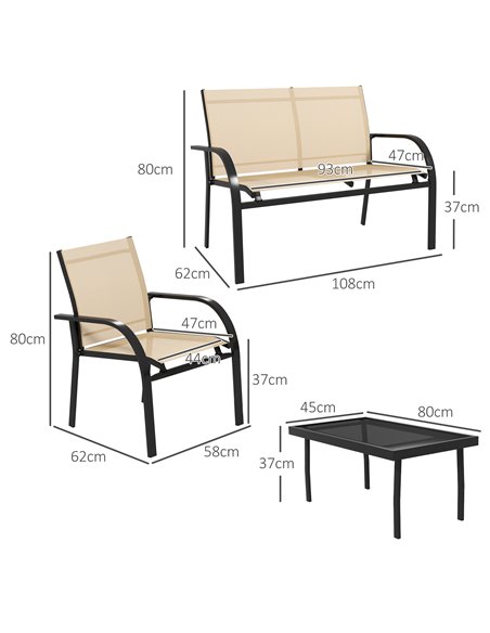 Outsunny 4 Pcs Curved Steel Outdoor Furniture Set w/ Loveseat, 2 Texteline Seats, Glass Top Table Garden Balcony Patio Furniture - pic 53894 | FastDaddyshop