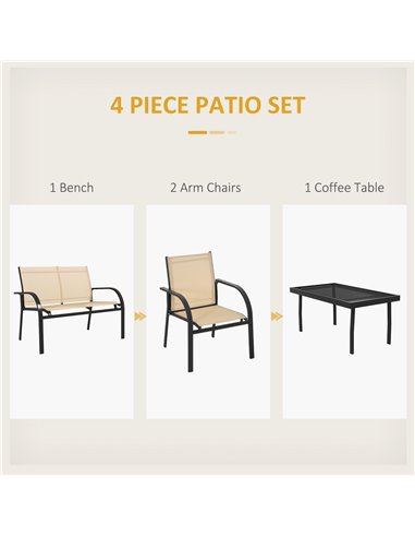Outsunny 4 Pcs Curved Steel Outdoor Furniture Set w/ Loveseat, 2 Texteline Seats, Glass Top Table Garden Balcony Patio Furniture