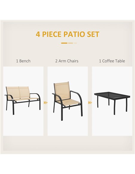 Outsunny 4 Pcs Curved Steel Outdoor Furniture Set w/ Loveseat, 2 Texteline Seats, Glass Top Table Garden Balcony Patio Furniture - pic 53895 | FastDaddyshop