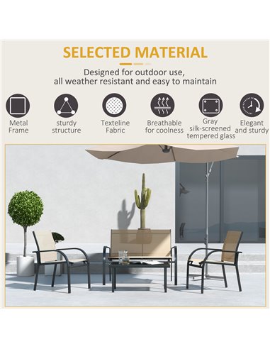 Outsunny 4 Pcs Curved Steel Outdoor Furniture Set w/ Loveseat, 2 Texteline Seats, Glass Top Table Garden Balcony Patio Furniture