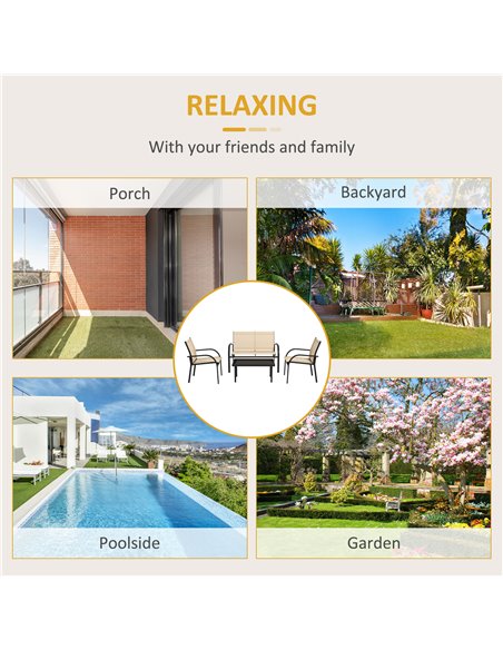 Outsunny 4 Pcs Curved Steel Outdoor Furniture Set w/ Loveseat, 2 Texteline Seats, Glass Top Table Garden Balcony Patio Furniture - pic 53898 | FastDaddyshop