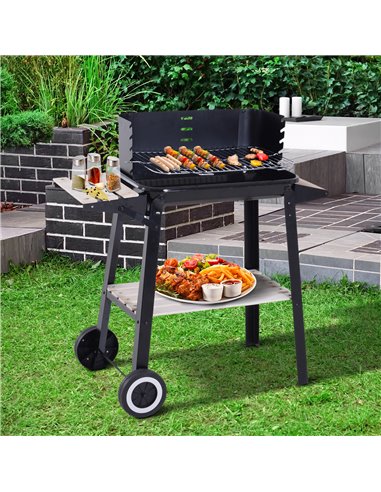 Outsunny BBQ Grill Trolley Charcoal BBQ Barbecue Grill Outdoor Patio Garden Heating Smoker with Side Trays Storage Shelf and Whe