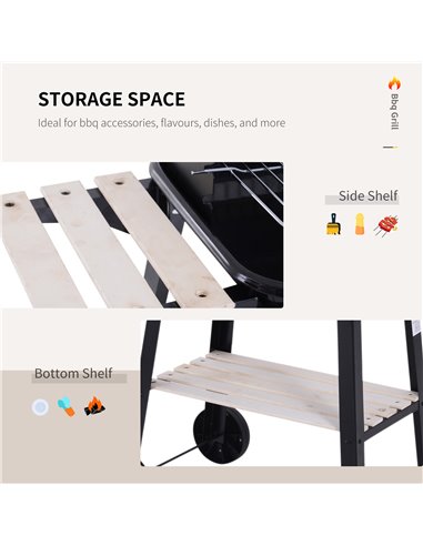 Outsunny BBQ Grill Trolley Charcoal BBQ Barbecue Grill Outdoor Patio Garden Heating Smoker with Side Trays Storage Shelf and Whe