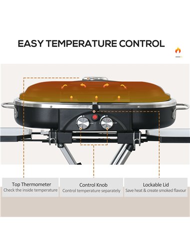 Outsunny Foldable Gas BBQ Grill 2 Burner Garden Barbecue Trolley w/ Lid Side Shelves Storage Pocket Piezo Ignition Thermometer, 