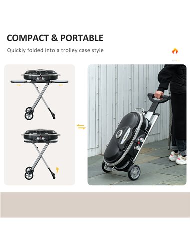 Outsunny Foldable Gas BBQ Grill 2 Burner Garden Barbecue Trolley w/ Lid Side Shelves Storage Pocket Piezo Ignition Thermometer, 