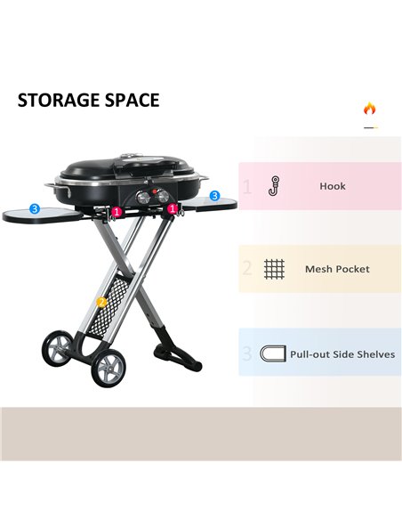 Outsunny Foldable Gas BBQ Grill 2 Burner Garden Barbecue Trolley w/ Lid Side Shelves Storage Pocket Piezo Ignition Thermometer,  - pic 53924 | FastDaddyshop