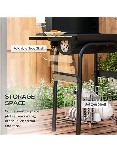Outsunny Outdoor Wheeled Charcoal Barbecue Grill Trolley with Shelves, Black 846-148V01BK
