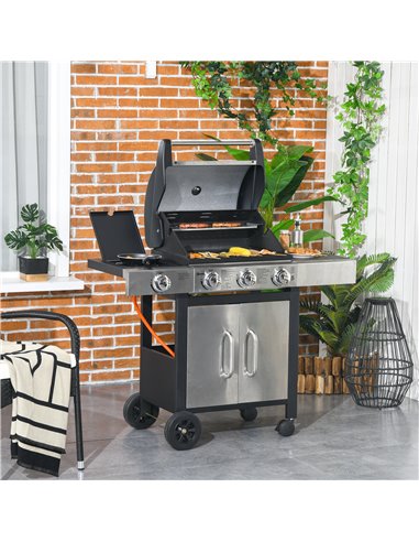 Outsunny Gas Barbecue Grill 3+1 Burner Garden Smoker BBQ Trolley w/ Side Burner Warming Rack Side Shelves Piezo Ignition Thermom