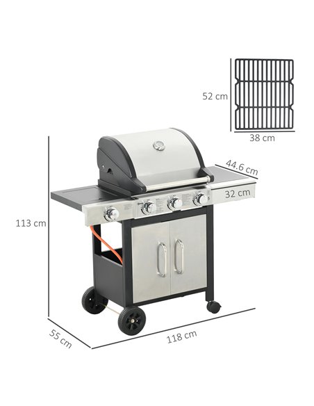 Outsunny Gas Barbecue Grill 3+1 Burner Garden Smoker BBQ Trolley w/ Side Burner Warming Rack Side Shelves Piezo Ignition Thermom - pic 53993 | FastDaddyshop