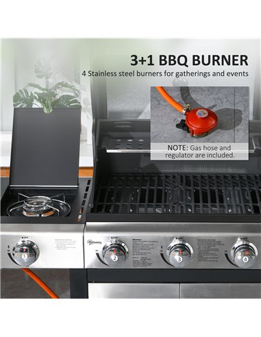 Outsunny Gas Barbecue Grill 3+1 Burner Garden Smoker BBQ Trolley w/ Side Burner Warming Rack Side Shelves Piezo Ignition Thermom