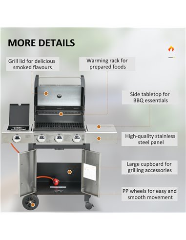 Outsunny Gas Barbecue Grill 3+1 Burner Garden Smoker BBQ Trolley w/ Side Burner Warming Rack Side Shelves Piezo Ignition Thermom