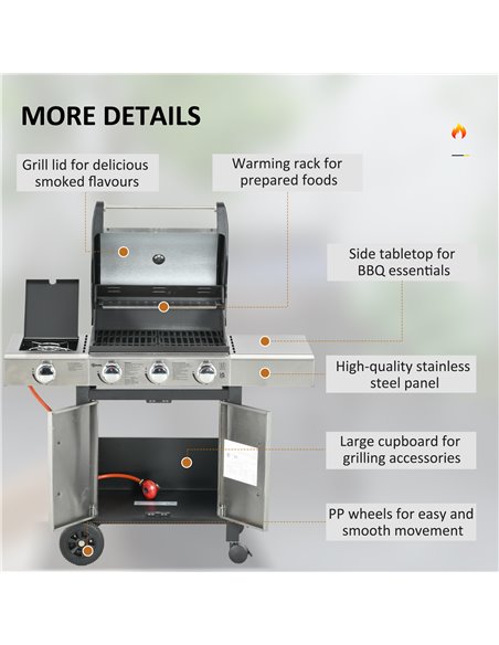 Outsunny Gas Barbecue Grill 3+1 Burner Garden Smoker BBQ Trolley w/ Side Burner Warming Rack Side Shelves Piezo Ignition Thermom - pic 53997 | FastDaddyshop