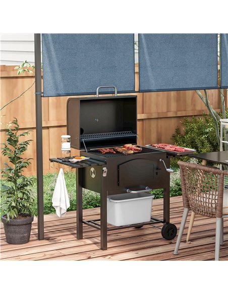 Outsunny Charcoal Barbecue Grill Trolley Garden Smoker with Shelves, Adjustable Height, Thermometer on Lid, Opener and Wheels 84 - pic 54001 | FastDaddyshop